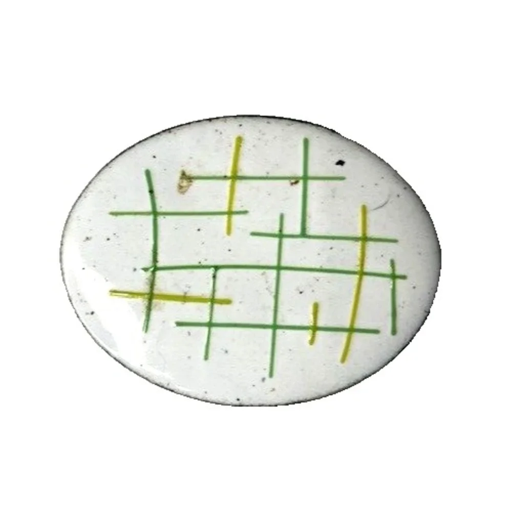 Vintage Oval Modernist White enamel Abstract Yellow and‎ Green Brooch 2 inch